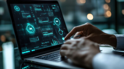 Professional handling incident management process on a laptop, virtual screen displaying incident management tools and icons