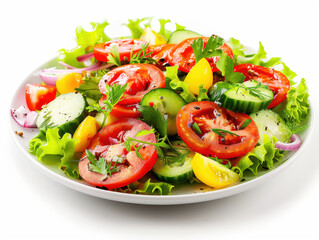 Summer colourful and full of vitamins vegetable salad . on a plate, close-up on a white background. AI generative.