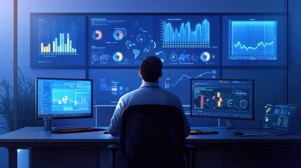 Professional Data Analyst analyzing Data Analytics KPI trends, surrounded by a modern office setup with interactive displays