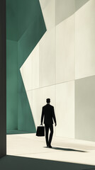 Silhouette of a businessman walking in a minimalist, modern architecture setting. The strong shadows and geometric shapes create a striking and clean visual composition.