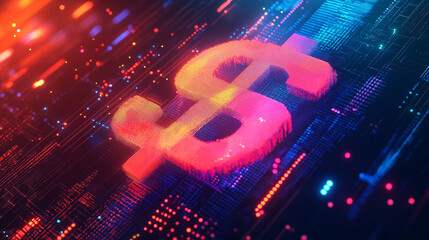 A glowing dollar sign rendered in a digital, abstract form with vibrant neon colors. The image suggests finance, digital economy, and the concept of wealth in a technological age.