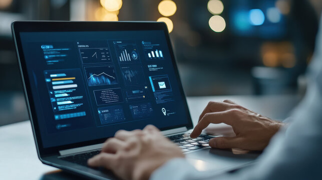 Professional handling incident management process on a laptop, virtual screen displaying incident management tools and icons