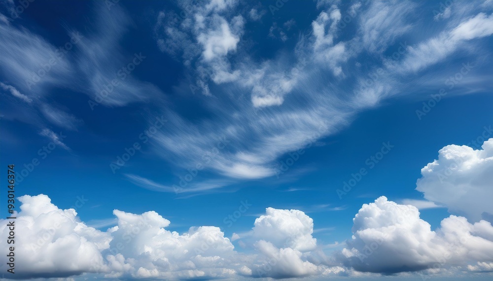 Poster cumulus and cirrus clouds in deep blue summer sky