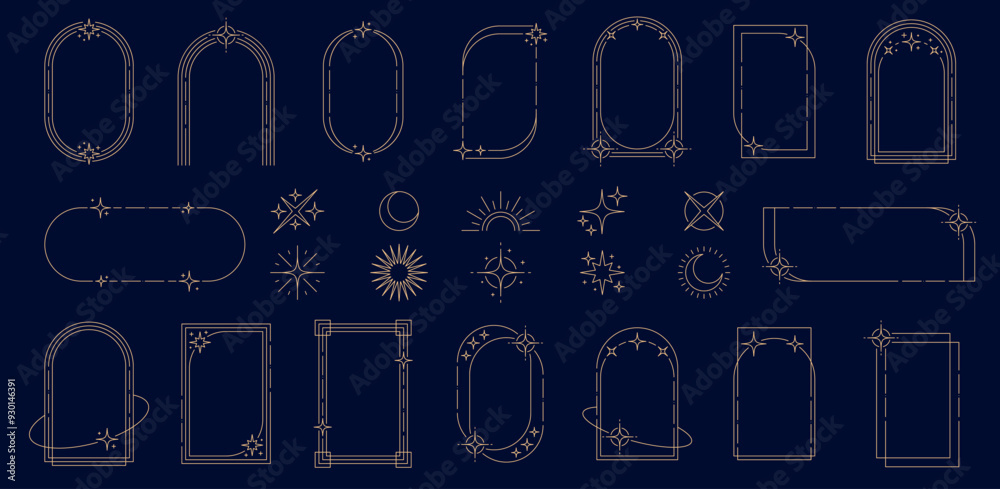 Wall mural y2k celestial frames, arches and border elements in minimal golden line, vector geometric shapes. y2
