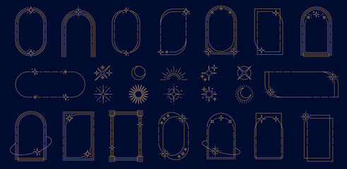Y2K celestial frames, arches and border elements in minimal golden line, vector geometric shapes. Y2K star twinkles with celestial crescent moon and sun for esoteric Tarot or magic occult frames © Vector Tradition
