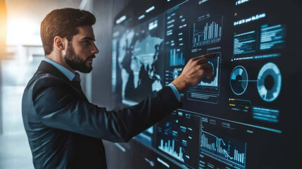 Professional manager interacting with a virtual project management interface, emphasizing on-time project completion and strategic planning