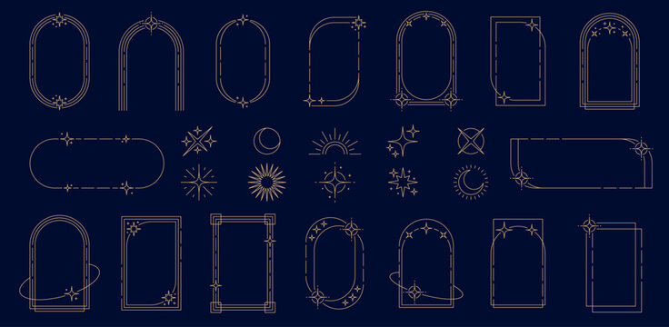 Y2K celestial frames, arches and border elements in minimal golden line, vector geometric shapes. Y2K star twinkles with celestial crescent moon and sun for esoteric Tarot or magic occult frames