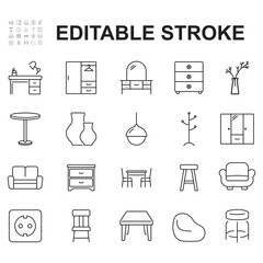 Set of furniture icons in thin line. Contains icons such as cupboards, study tables, chairs and many more.