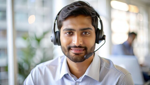 Indian Telecom Engineer – Close-up portrait of a confident Indian telecom engineer with a headset.
