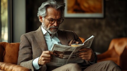 A distinguished man reading a newspaper in a cozy armchair, showcasing a blend of elegance and thoughtful engagement.