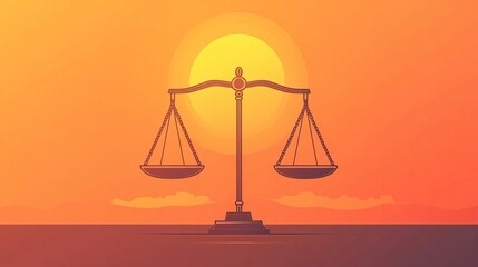 A symbolic image of justice represented by a balanced scale against a sunset backdrop, highlighting fairness and equality.