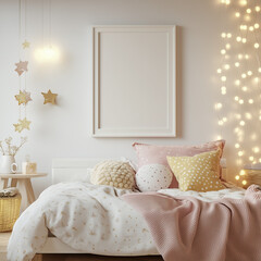 mockup of whimsical girls bedroom with one white frame fairy lights in background joyful wonderful positive magical