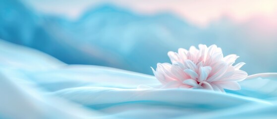 Obraz premium A pink flower, tightly framed, sits against a blue-and-white fabric backdrop Mountains, softly blurred, lie in the distant background