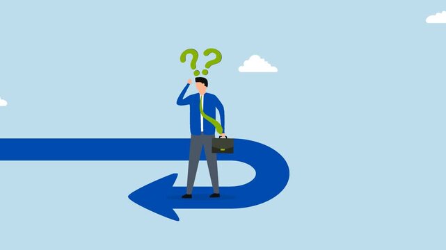 Business turning point, 4k animation of businessman investor looking at his reverse direction pathway.