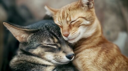 Obraz premium Two cats, one ginger and one grey, cuddle up together.