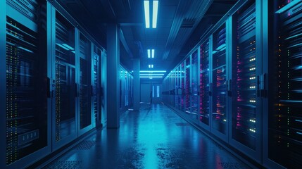 Data center corridor with server racks illuminated by blue and purple lights, creating a high tech atmosphere