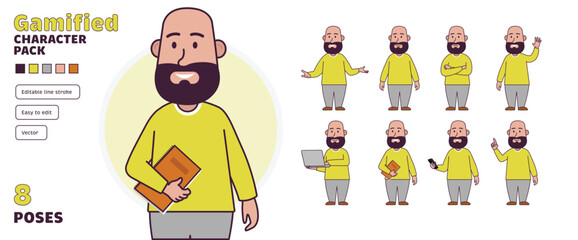 Simple flat bald bearded gamified male vector character in a set of multiple poses. Easy to edit and isolated on a white background. Modern trendy style character pack with lots of poses.	
