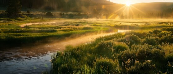  A river runs through a lush, green field adjacent to a forest teeming with tall grasses Another forest, densely covered with trees, lies beside it