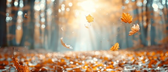leaves falling in foreground, sun shines through trees behind