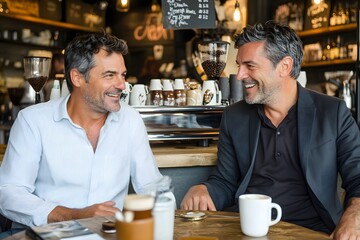 Two mature men, relaxed and smiling, engage in friendly conversation over coffee at a cozy cafe, showcasing a genuine connection and casual business meeting.