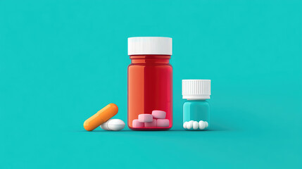 Assorted medications in vibrant containers, featuring a red bottle filled with pink tablets, a small blue bottle with white capsules, and an orange capsule in front, colorful backdrop