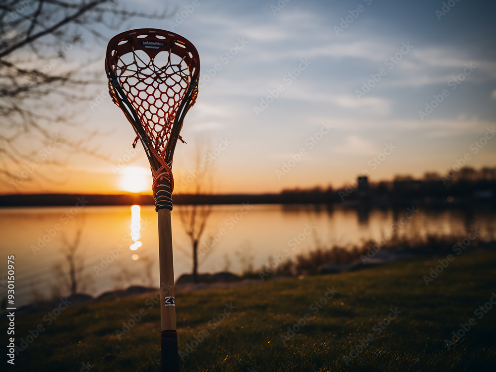 Sticker A vertical image of a lacrosse stick with a sunset in the background