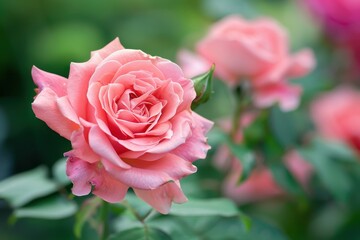 Obraz premium A close-up of a pink rose in full bloom, with its delicate petals and soft fragrance almost palpable. 