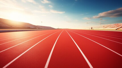Pristine running track with smooth surface, empty athletic field ready for track and field events, professional sports venue highlighting perfectly maintained race lanes for competitive runners and tr