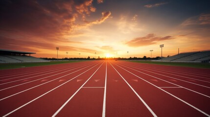 Pristine running track with smooth surface, empty athletic field ready for track and field events, professional sports venue highlighting perfectly maintained race lanes for competitive runners and tr