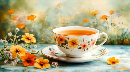 Elegant Teacup Filled with Golden Tea and Soft Watercolor Florals for a Relaxing Afternoon Tea Setting