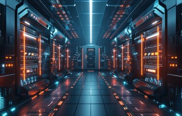 Futuristic data center corridor with glowing orange and blue lights, showcasing advanced technology and sleek design