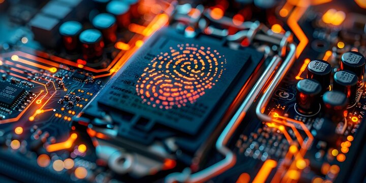 Personalized Cybersecurity Close Up of Illuminated Computer Motherboard with Digital Fingerprint Graphic