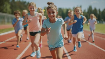 Obraz premium A group of happy children enthusiastically runs together on a track under the bright afternoon sun