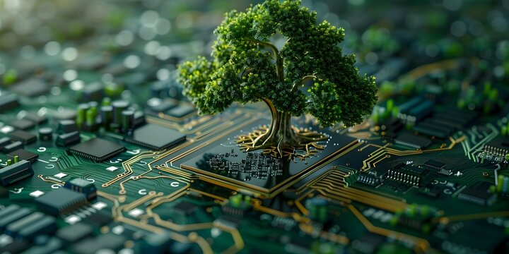 Emerging Green Technology Tree Growing from Motherboard Digital Ecosystem