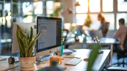 A team of business professionals engages in collaborative work in a bright office filled with natural light and greenery