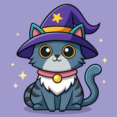 Cute Cat with Wizard Hat Cartoon Illustration. Merry Christmas Hat