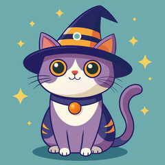 Cute Cat with Wizard Hat Cartoon Illustration. Merry Christmas Hat