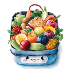 AI generated watercolor illustration of a blue plastic picnic basket with fruits and vegetables. Food illustration. Summer theme.