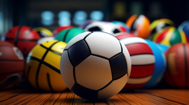 High-resolution image of various sports balls including soccer ball, basketball, baseball, and tennis ball on a wooden surface. Ideal for sports-themed content, fitness, and recreational activities. P
