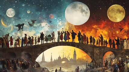 A Bridge Between Two Worlds A surreal artwork depicting a bridge connecting two contrasting realms.