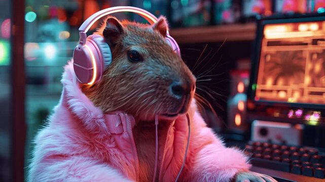 Capybara Gamer Vibes: A capybara in a pink fluffy coat rocks out with glowing headphones in this quirky and humorous image. 