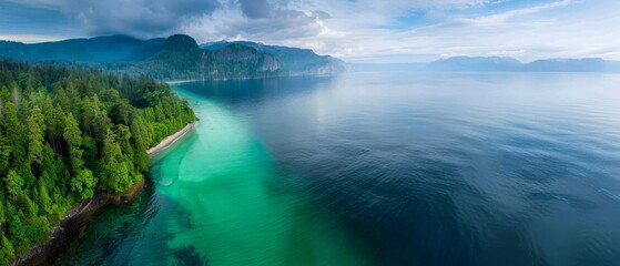  A birds-eye perspective over a vast waterbody Forest in foreground Mountains behind