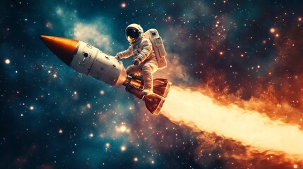 Fototapeta premium Astronaut is on a mission in space and flys on top of a rocket. Surreal image of space exploration