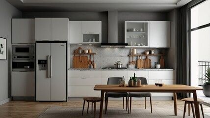 Fototapeta premium Modern Interior With Bright Wall, Living room, Bed room, kitchen, House Plants