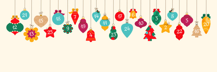 Christmas bauble advent calendar holiday garland. Isolated cartoon vector festive winter countdown decor with colorful xmas toys, hanging on string, represent days lead to seasonal event celebration