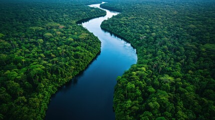Peaceful forest landscape with a curving river, offering a stunning natural scene for various creative uses.