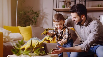 A father and son play with dinosaur toys in their living room.