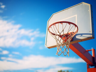 Basketball hoop and backboard with a clear blue sky, space for text