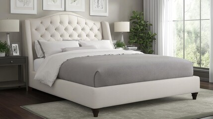 A spacious bedroom features a light gray and dark green patterned area rug, white bed frame, bedside lamp, and decorative plants enhancing its elegance