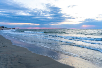 Black Sea Modern Beach on a sunny day with a blue sky,Constanta beach at Black Sea,panoramic view Constanta Romania